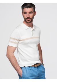 Ombre Clothing - Męska koszulka polo z miękkiej dzianiny z kontrastowymi pasami - kremowa V3 - Rozmiar: L. Okazja: na co dzień. Typ kołnierza: polo. Kolor: kremowy. Materiał: dzianina. Długość: krótkie. Wzór: paski. Styl: casual #1