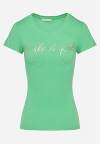 Born2be - Zielony Bawełniane T-shirt z Cyrkoniami i Napisem Readia. Okazja: na co dzień. Kolor: zielony. Materiał: bawełna. Wzór: napisy. Styl: klasyczny, casual #4