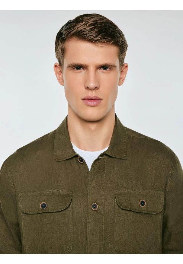 Big-Star - Lniana koszula męska khaki Workelin 303. Okazja: na co dzień. Kolor: zielony. Materiał: len. Długość rękawa: krótki rękaw. Styl: casual