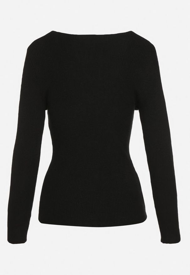 Born2be - Czarny Sweter Prążkowany z Trójkątnym Dekoltem Vorila. Okazja: na co dzień. Kolor: czarny. Materiał: prążkowany. Styl: elegancki, casual