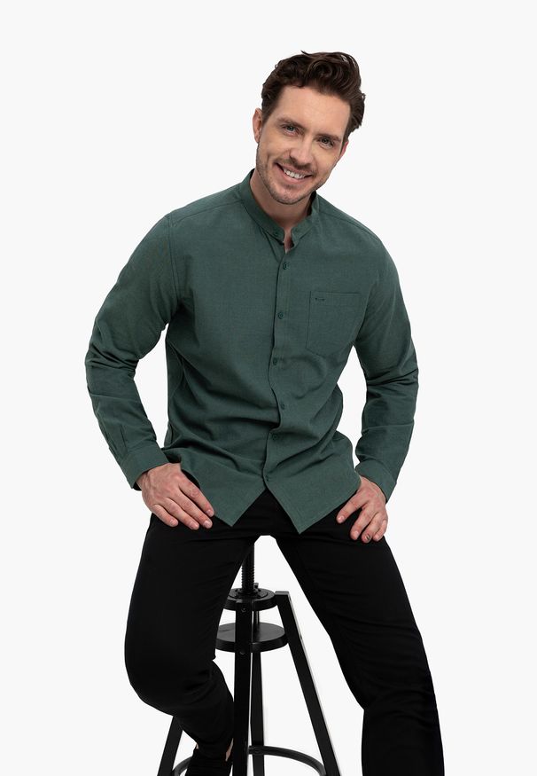 Volcano - Koszula ze stójką, Slim Fit, K-LANGE. Typ kołnierza: kołnierzyk stójkowy. Kolor: zielony. Materiał: włókno, materiał, bawełna. Wzór: gładki. Styl: klasyczny