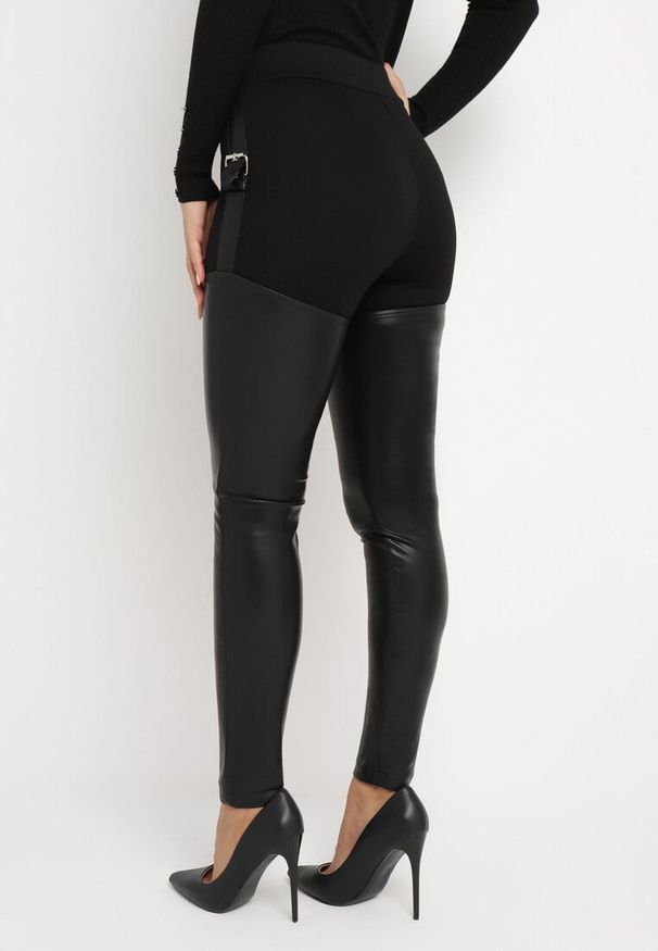 Born2be - Czarne Spodnie Skinny z Ekoskóry i Paskiem Elenntisa. Kolor: czarny. Materiał: dzianina, tkanina