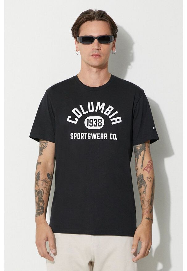 columbia - Columbia t-shirt męski kolor czarny z nadrukiem. Okazja: na co dzień. Kolor: czarny. Materiał: bawełna. Wzór: nadruk. Styl: casual