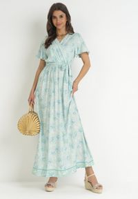 Born2be - Miętowa Sukienka Kopertowa z Wiskozy z Gumką w Talii i Metalicznym Wzorem Hollisa. Kolor: miętowy. Materiał: wiskoza. Typ sukienki: kopertowe #5