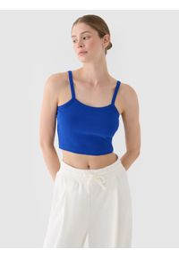 4f - 4F Crop top slim damski - niebieski L. Kolor: niebieski. Materiał: dzianina, bawełna, materiał, prążkowany, elastan. Długość rękawa: na ramiączkach. Wzór: prążki, jednolity