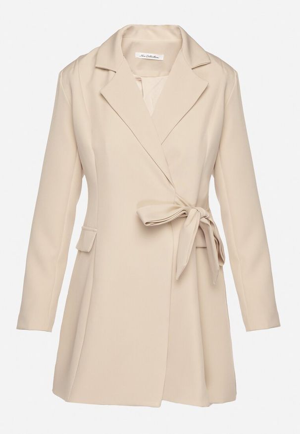 Born2be - Beżowa Kopertowa Sukienka z Imitacją Kieszeni Talriti. Kolor: beżowy. Typ sukienki: kopertowe. Styl: elegancki