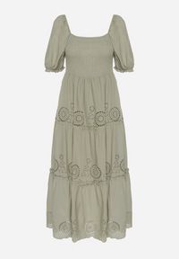 Born2be - Zielona Bawełniana Sukienka z Haftowanym Wzorem Iffanella. Okazja: na spacer, na co dzień. Kolor: zielony. Materiał: bawełna. Wzór: haft. Sezon: lato. Styl: casual, elegancki #3