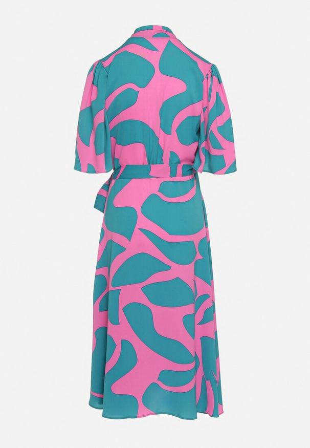 Born2be - Niebiesko-Różowa Kopertowa Sukienka z Wiązaniem w Pasie Raviara. Okazja: na co dzień, na spotkanie biznesowe. Kolor: niebieski. Długość rękawa: krótki rękaw. Typ sukienki: kopertowe. Styl: casual, biznesowy, elegancki