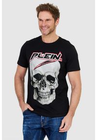 Philipp Plein - PHILIPP PLEIN Czarny t-shirt męski Platinum cut round neck space plein. Kolor: czarny. Materiał: prążkowany. Wzór: aplikacja