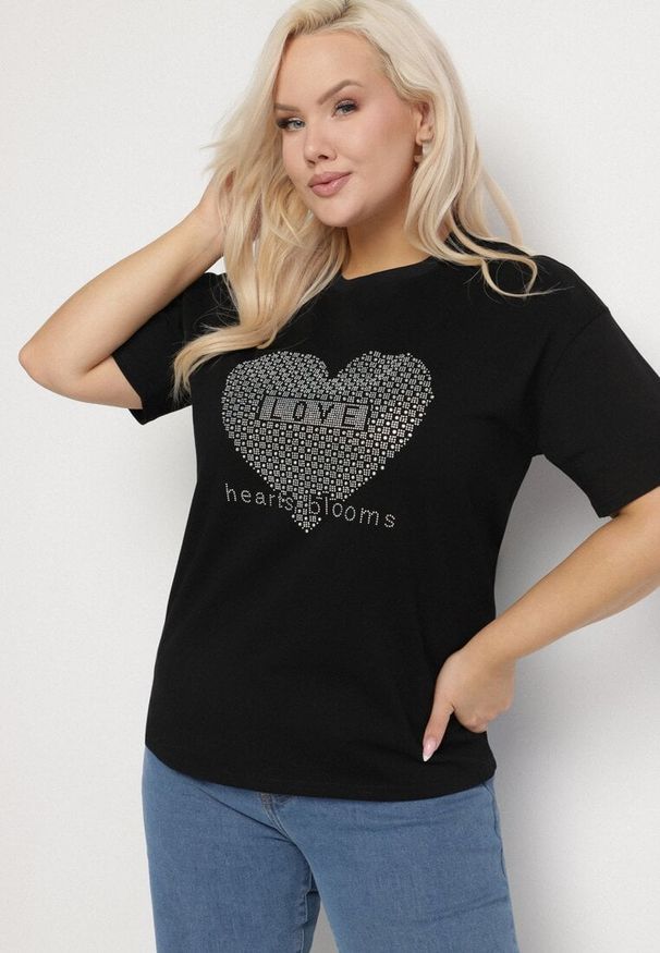 Born2be - Czarny Bawełniany T-shirt z Ozdobnym Nadrukiem i Napisem Ilenira. Kolekcja: plus size. Kolor: czarny. Materiał: bawełna. Wzór: napisy, nadruk