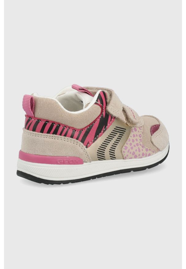 Geox sneakersy skórzane dziecięce kolor beżowy. Nosek buta: okrągły. Zapięcie: rzepy. Kolor: beżowy. Materiał: skóra