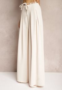 Renee - Jasnobeżowe Szerokie Spodnie High Waist Zapinane na Suwak z Wiązaniem w Talii Vikonnia. Okazja: na co dzień. Stan: podwyższony. Kolor: beżowy. Styl: klasyczny, elegancki, casual #3