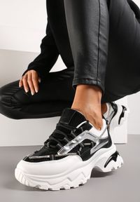 Renee - Czarno-Białe Sneakersy z Metalicznymi Wstawkami na Niskiej Platformie z Ozdobnym Sznurkiem Oiriema. Zapięcie: pasek. Kolor: czarny. Obcas: na platformie #1