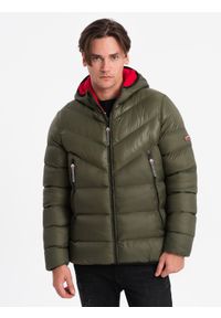 Ombre Clothing - Pikowana nowoczesna kurtka męska z łączonych materiałów – ciemnooliwkowa V3 - Rozmiar: XXL. Typ kołnierza: kołnierzyk stójkowy. Kolor: oliwkowy. Materiał: materiał. Długość: długie