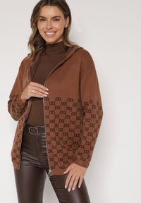 Born2be - Brązowy Kardigan na Suwak z Kapturem i Geometrycznym Motywem Lunetusa. Okazja: na co dzień. Typ kołnierza: kaptur. Kolor: brązowy. Materiał: jeans. Wzór: geometria. Styl: casual, elegancki #2