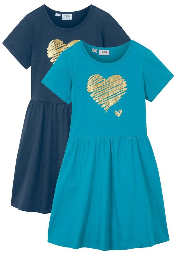 bonprix - Sukienka z dżerseju z czystej bawełny organicznej (2 szt.). Kolor: niebieski. Materiał: jersey, bawełna. Długość rękawa: krótki rękaw. Wzór: nadruk. Typ sukienki: rozkloszowane