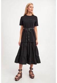 TwinSet - Czarna sukienka z dołem popelinowym Twinset. Kolor: czarny. Materiał: materiał, bawełna, tkanina, dzianina. Długość rękawa: krótki rękaw. Wzór: haft