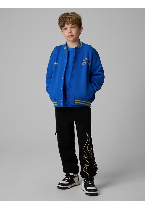 4f - 4F Bluza bomberka dziecięca 4F x Bartosz Zmarzlik - niebieska 146/152 (10-12 lat). Okazja: na co dzień, na uczelnię. Kolor: niebieski. Materiał: dzianina. Wzór: nadruk. Sezon: lato. Styl: młodzieżowy, casual, klasyczny, sportowy