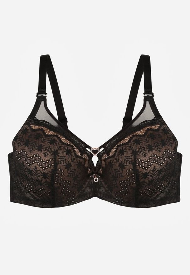 Born2be - Czarno-Beżowy Koronkowy Biustonosz Ozdobiony Cyrkoniowym Sercem Galirope. Kolor: czarny. Materiał: koronka. Wzór: aplikacja