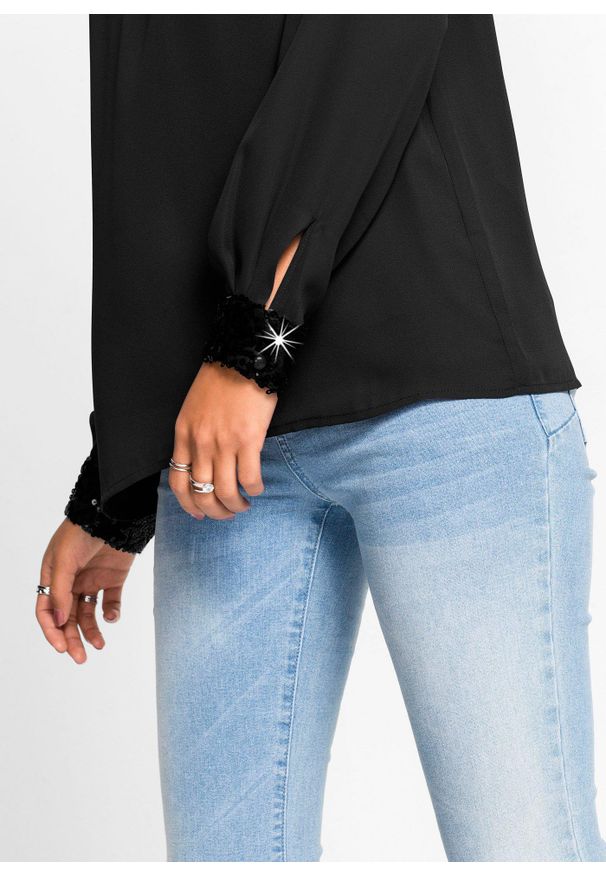 bonprix - Bluzka zakładana przez głowę. Kolor: czarny. Materiał: materiał. Wzór: aplikacja. Styl: elegancki