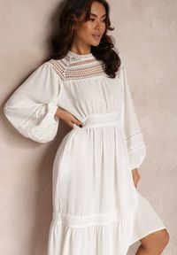 Renee - Biała Sukienka Diomime. Kolor: biały. Materiał: tkanina, koronka. Wzór: gładki, aplikacja, koronka, haft. Styl: boho #4