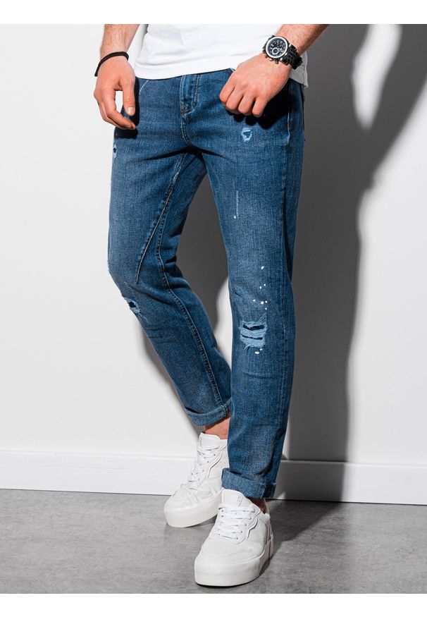 Ombre Clothing - Spodnie męskie jeansowe z przetarciami SLIM FIT P935 - niebieskie - XXL. Kolor: niebieski. Materiał: jeans