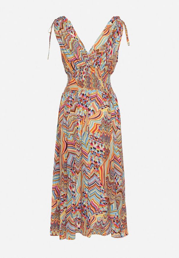 Born2be - Żółto-Różowa Rozkloszowana Sukienka w Stylu Boho z Trójkątnym Dekoltem i Gumką w Talii Galleri. Okazja: na co dzień. Kolor: żółty. Typ sukienki: rozkloszowane, proste. Styl: boho