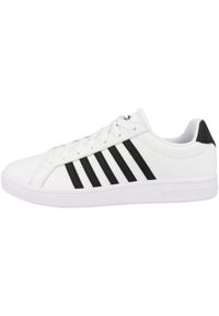 Buty do chodzenia męskie K-Swiss Court Tiebreak. Zapięcie: sznurówki. Kolor: biały. Materiał: materiał, skóra. Szerokość cholewki: normalna. Sport: turystyka piesza