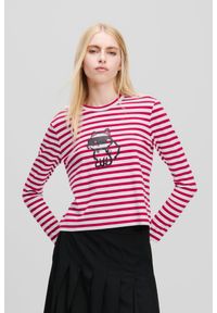 Karl Lagerfeld - KARL LAGERFELD Czerwono-biały damski lonsgleeve Ikon Print Stripe, Rozmiar XS. Kolor: czerwony. Materiał: materiał. Wzór: nadruk. Styl: elegancki