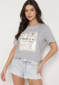 Born2be - Jasnoszary Bawełniany T-shirt Ozdobiony Nadrukiem Nelltaria. Okazja: na co dzień. Kolor: szary. Materiał: bawełna. Wzór: aplikacja, nadruk. Sezon: lato, wiosna. Styl: elegancki, casual
