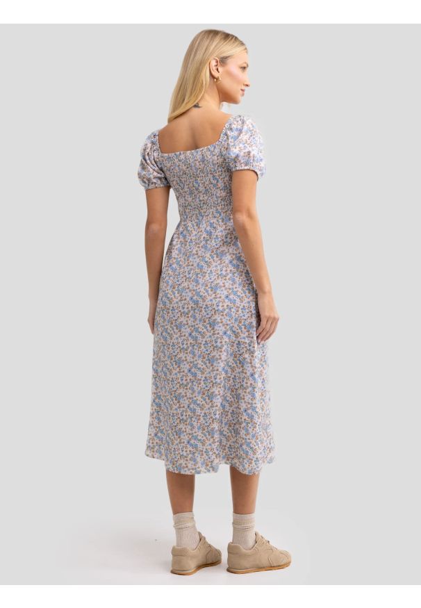 Big-Star - Sukienka damska midi z wiskozy z motywem kwiatowym niebieska Sotiki 000. Okazja: na spacer. Kolor: wielokolorowy. Materiał: wiskoza. Długość rękawa: krótki rękaw. Wzór: kwiaty. Sezon: lato. Styl: vintage, klasyczny. Długość: midi
