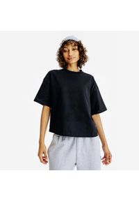 Decathlon - Koszulka Crop damska. Kolor: czarny. Materiał: materiał, elastan, bawełna. Długość: krótkie