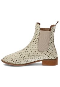 Beżowe Botki Venezia Skórzane Damskie Obuwie. Zapięcie: bez zapięcia. Kolor: beżowy. Materiał: skóra. Szerokość cholewki: normalna. Wzór: aplikacja, ażurowy. Sezon: wiosna, lato. Obcas: na obcasie. Wysokość obcasa: niski #4