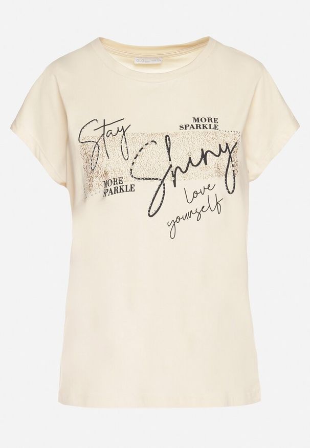 Born2be - Beżowy T-shirt z Bawełny Typu Nietoperz z Cyrkoniami i Perełkami Linellis. Okazja: na co dzień. Kolor: beżowy. Materiał: bawełna. Wzór: aplikacja. Styl: casual