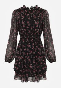 Renee - Czarna Sukienka Rozkloszowana w Kropki i Kwiatowy Print z Falbanami Ediannela. Kolor: czarny. Materiał: poliester. Wzór: nadruk, kwiaty, kropki. Sezon: lato. Styl: elegancki, klasyczny #2