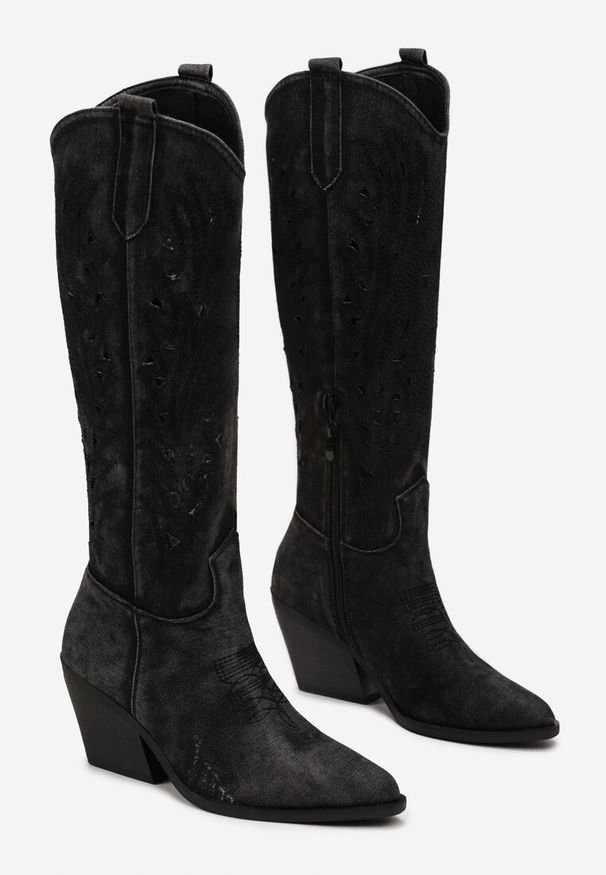 Born2be - Czarne Kozaki Kowbojki na Słupku z Ażurowym Zdobieniem Getoa. Kolor: czarny. Wzór: ażurowy, aplikacja. Sezon: wiosna. Obcas: na słupku. Styl: elegancki