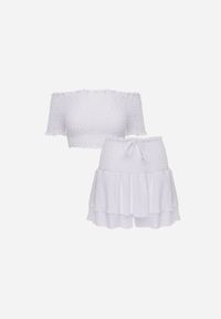 Renee - Biały Komplet Top Hiszpanka i Spódnico-Spodenki z Falbanami oraz Gumką Rinaria. Kolor: biały. Materiał: jeans #3