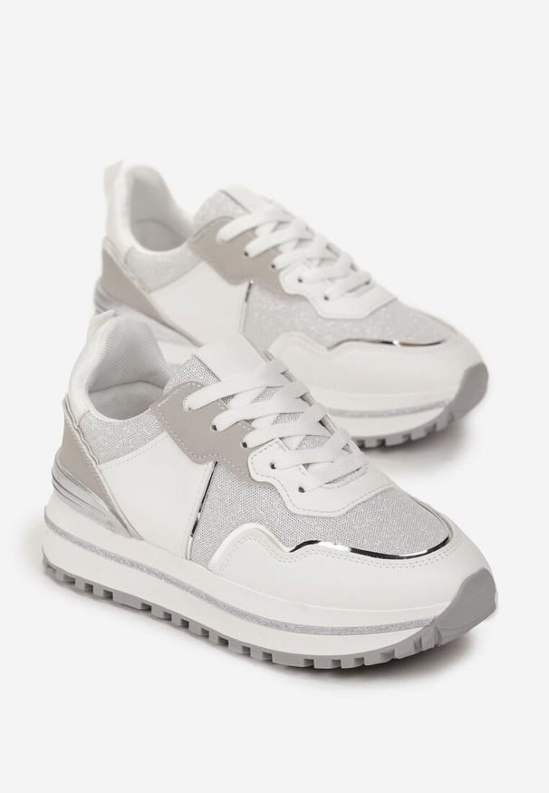 Renee - Białe Sneakersy z Cholewką przed Kostkę Ozdobione Brokatem Telse. Wysokość cholewki: przed kostkę. Kolor: biały. Szerokość cholewki: normalna. Wzór: aplikacja. Sezon: lato. Obcas: na płaskiej podeszwie