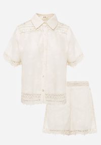 Born2be - Beżowy Bawełniany Komplet w Stylu Boho Koszula i Szorty z Haftem Lephine. Kolor: beżowy. Materiał: bawełna. Wzór: haft #8