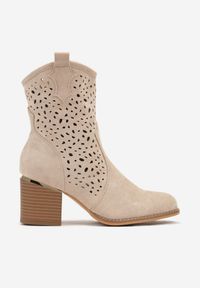 Renee - Beżowe Ażurowe Botki Kowbojki na Słupku Velaelia. Okazja: na co dzień. Kolor: beżowy. Wzór: ażurowy. Obcas: na słupku. Styl: casual, elegancki. Wysokość obcasa: średni #5