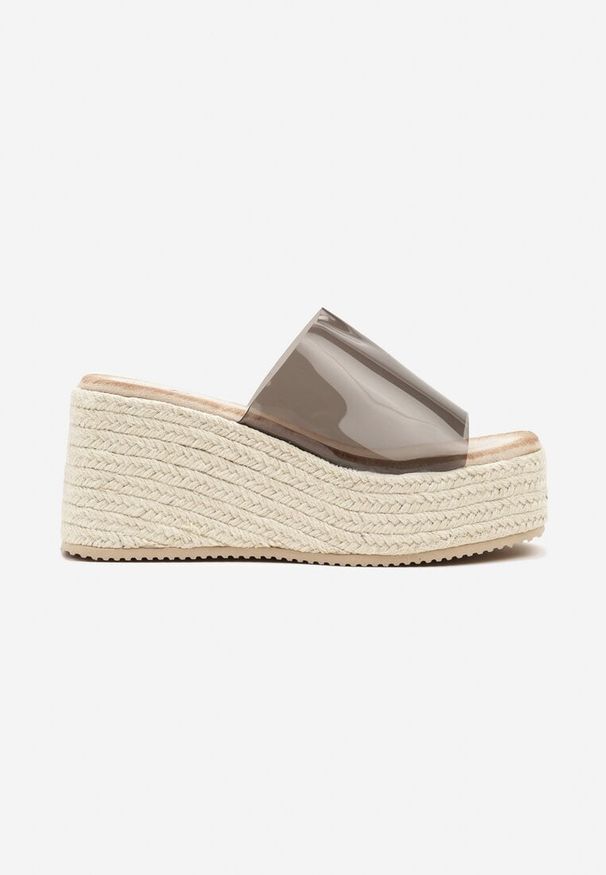 Renee - Czarne Klapki na Plecionym Koturnie z Przezroczystą Cholewką Deolirith. Okazja: na co dzień. Kolor: czarny. Sezon: lato. Obcas: na koturnie. Styl: elegancki, casual