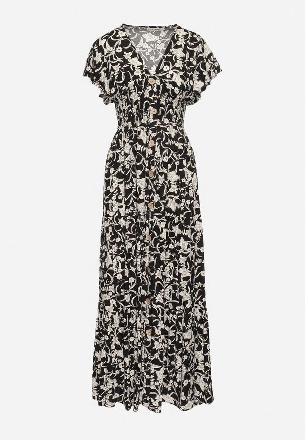 Born2be - Czarno-Beżowa Sukienka Maxi w Kwiaty z Falowanymi Rękawkami i Gumką w Talii Mulanitti. Kolor: czarny. Długość rękawa: krótki rękaw. Wzór: kwiaty. Sezon: lato. Długość: maxi