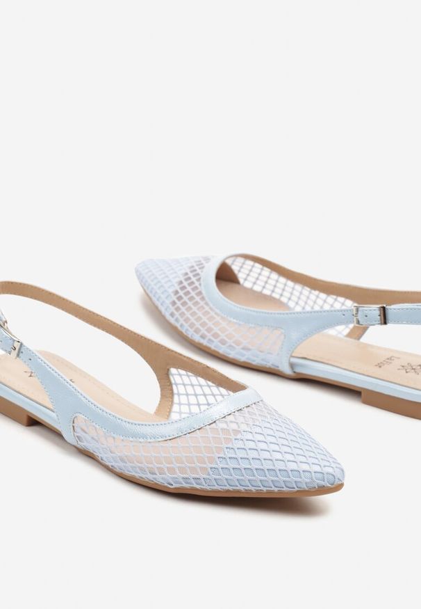 Renee - Niebieskie Siateczkowe Sandały ze Szpiczastym Noskiem i Paskiem z Klamerką Yastia. Okazja: na co dzień. Nosek buta: szpiczasty. Zapięcie: pasek. Kolor: niebieski. Wzór: aplikacja. Obcas: na płaskiej podeszwie. Styl: casual, elegancki