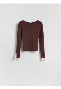 Reserved - Bluzka z ozdobną wstawką - ciemnobrązowy. Kolor: brązowy. Materiał: dzianina, wiskoza #1