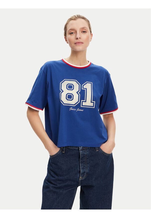 Guess Jeans T-Shirt W5YI19 K8HM0 Niebieski Regular Fit. Kolor: niebieski. Materiał: bawełna