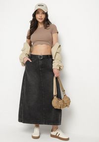 Born2be - Czarna Rozkloszowana Spódnica Jeansowa Maxi z Paskiem Triwisa. Kolor: czarny. Materiał: jeans. Długość: długie #3