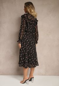Renee - Czarna Rozkloszowana Sukienka w Kwiatowy Print z Wiązaniem w Talii i Pod Dekoltem Ronflara. Okazja: na co dzień. Kolor: czarny. Materiał: jeans, poliester. Wzór: kwiaty, nadruk. Typ sukienki: proste. Styl: klasyczny, casual, elegancki #3
