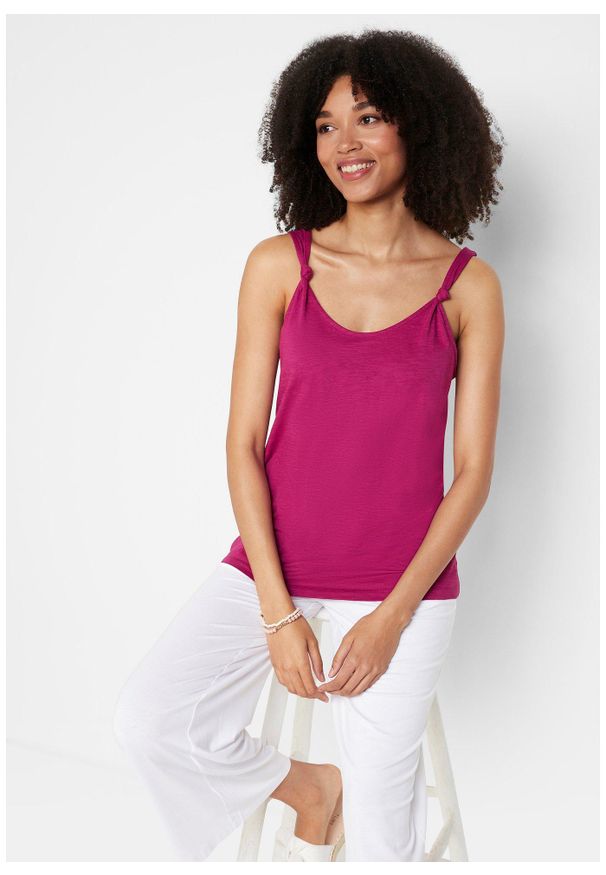 bonprix - Top bawełniany z ozdobnymi przewiązaniami. Kolor: fioletowy. Materiał: bawełna. Długość rękawa: na ramiączkach