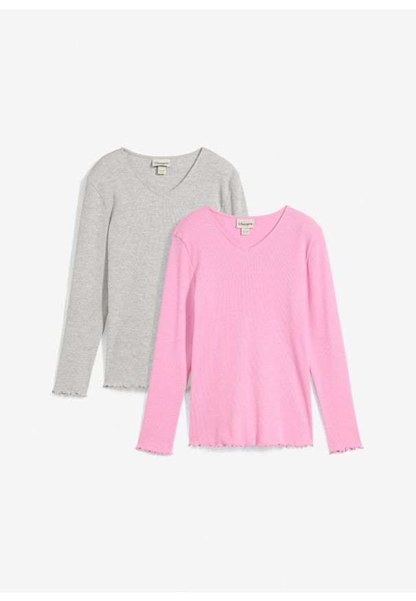 bonprix - Prążkowana bluzka, z bawełną organiczną (2 szt.). Kolor: szary. Materiał: prążkowany, bawełna. Długość rękawa: długi rękaw. Długość: długie. Wzór: prążki. Styl: elegancki