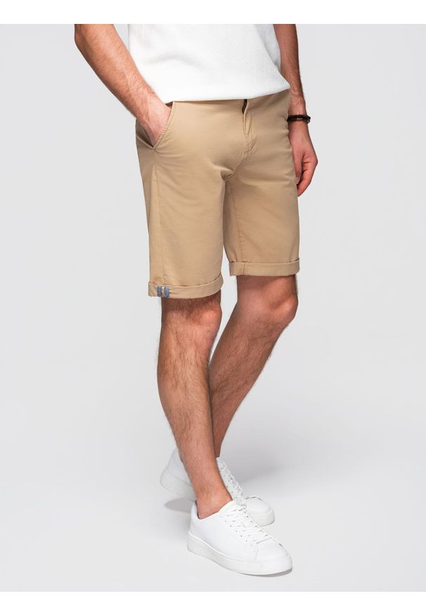 Ombre Clothing - Klasyczne męskie szorty chino z podwiniętą nogawką - beżowe V11 - Rozmiar: XXL. Kolor: beżowy. Materiał: bawełna, elastan. Sezon: lato. Styl: klasyczny
